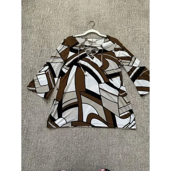 Chico’s Size 1 Abstract Print Lace-Up Brown Black Cream 3/4 Sleeve Stretch Top - Picture 4 of 8